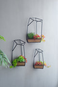 Set of 3 Black Metal & Wood Geometric Wall Planters