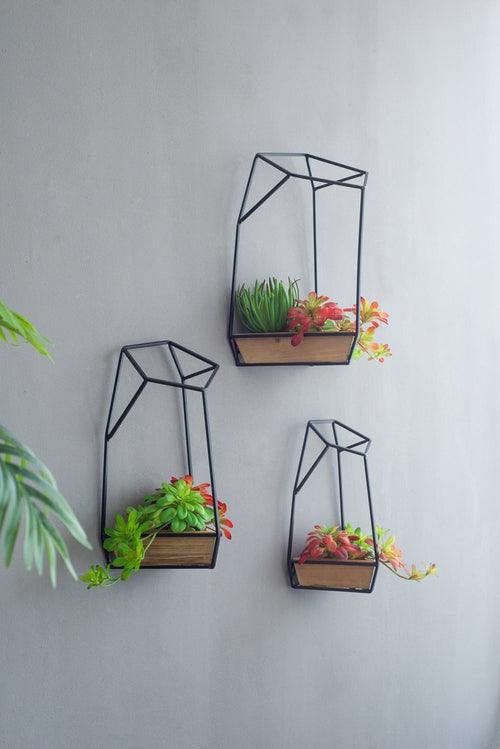 Set of 3 Black Metal & Wood Geometric Wall Planters